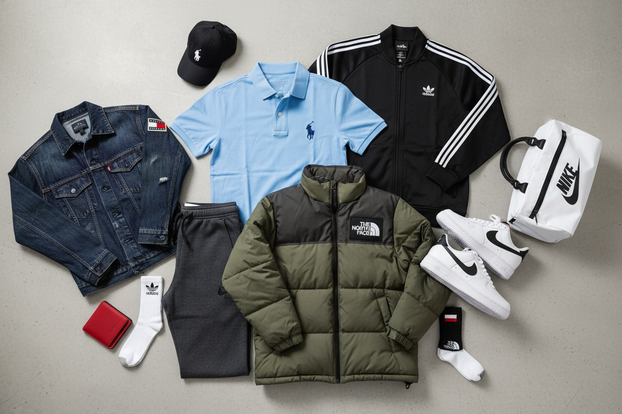Erstelle ein modernes Bild mit Kleidung von den Marken Ralph Lauren Nike Adidas north Face TOMMY HILFIGER 
